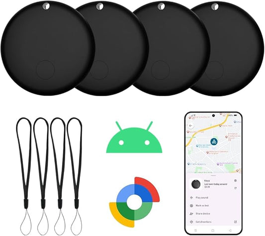 Tracker Tags-4 Pack for Android, Bluetooth Tracker Works with Google’s Find Hub | Android Only | Replaceable Battery | Water- Resistance | Item Finder for Luggage, Wallet, Key, Suitcases, Black