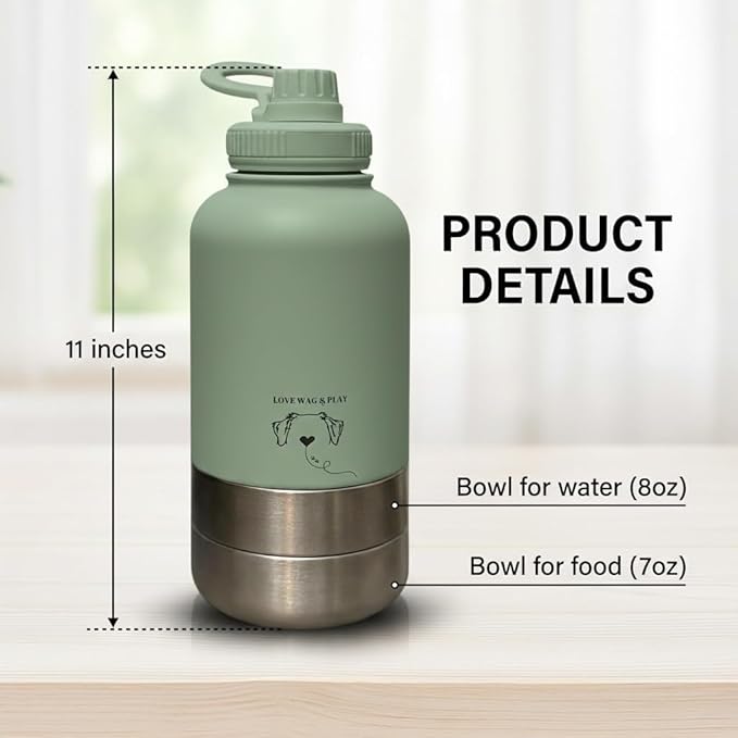 Love Wag & Play Dog Water Bottle Portable – 2 in 1 Stainless Steel Bowl for Food, Water – Leakproof Portable Water Bowl for Dog with Carry Loop – Detachable Design – Ideal for Kibble, Treats - Blue
