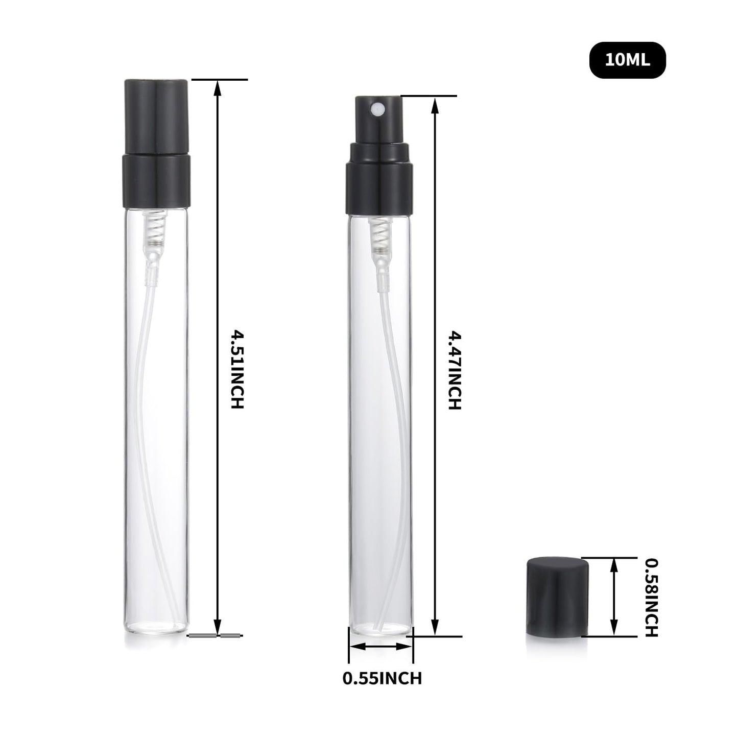 Jxcmeng 20Pcs 10ml Empty Clear Glass Mist Spray Bottle Refillable Mini Perfume Atomizer Travel Sample Bottle with Black Aluminized Nozzle Makeup Container for Perfume (10ml Black Caps)