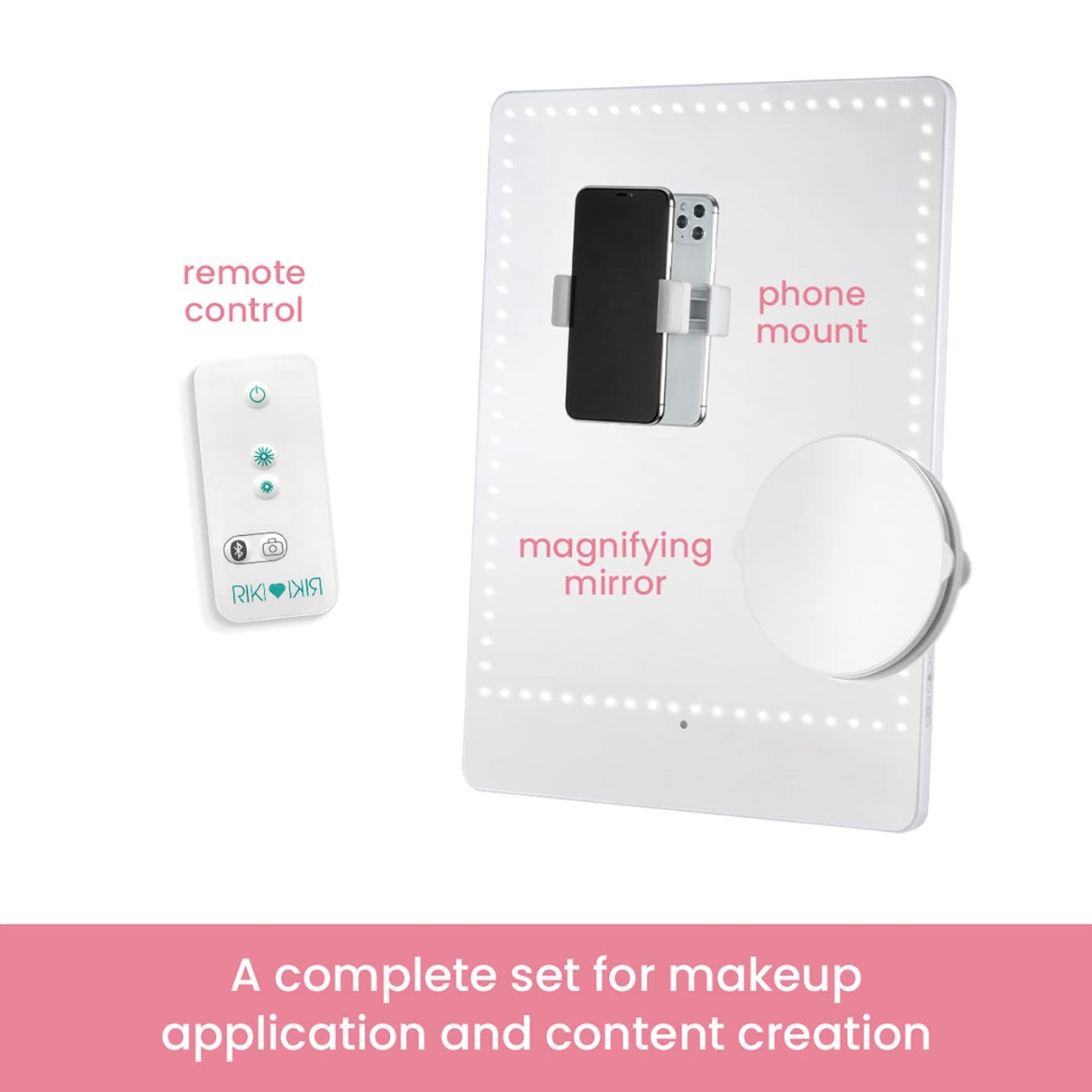 RIKI LOVES RIKI Pretty LED Makeup Mirror with Lights - Medium-Sized Lighted Makeup Mirror with 5X Magnifying Mirror, Smartphone Holder & Remote Control | Wall-Mountable, Bluetooth, & Selfie Function