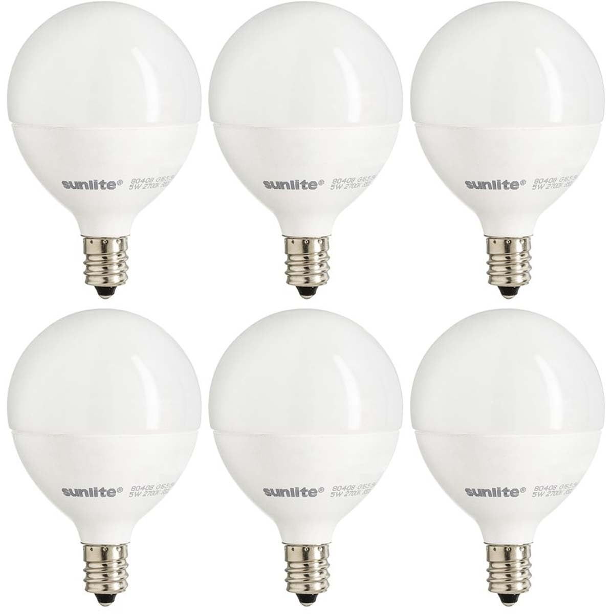 Sunlite G16.5 Light Bulb LED, 5W (40W Equiv.), 350 Lumens, Dimmable, Type G Globe Shape E12 Candelabra Base, Short Bulbs, Vanity Mirror Bulbs, 2700K Soft White, Frosted, 6 Count