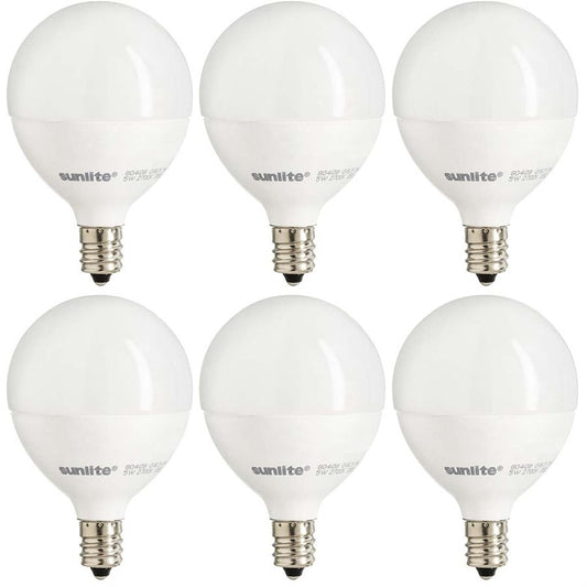 Sunlite G16.5 Light Bulb LED, 5W (40W Equiv.), 350 Lumens, Dimmable, Type G Globe Shape E12 Candelabra Base, Short Bulbs, Vanity Mirror Bulbs, 2700K Soft White, Frosted, 6 Count