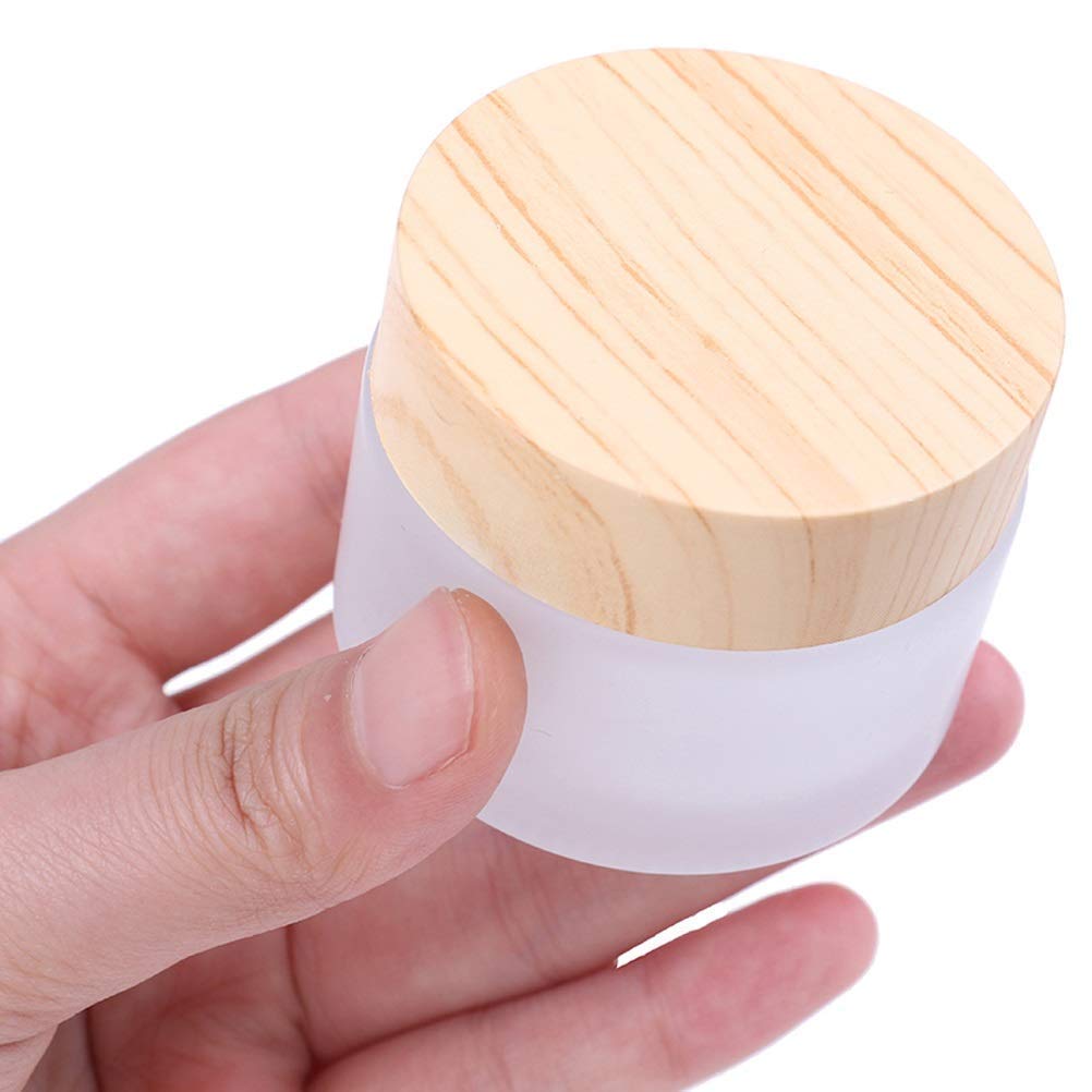 Healthcom 10 Packs 15ml/15g Empty Sample Jars Frosted Glass Cream Jar Bottle with Wood Grain Lid Cosmetic Containers Glass Cream Box Refillable Glass Cream Jar Pot for Makeup Lotion Face Eyeshadow
