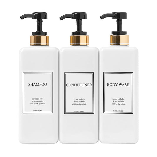 Modern Gold Design Shampoo and Conditioner Dispenser - Large 27oz Shower Soap Dispenser, Set of 3 Refillable Empty Plastic Pump Bottles for Bathroom and Body Wash (6 Waterproof Labels Included), Black