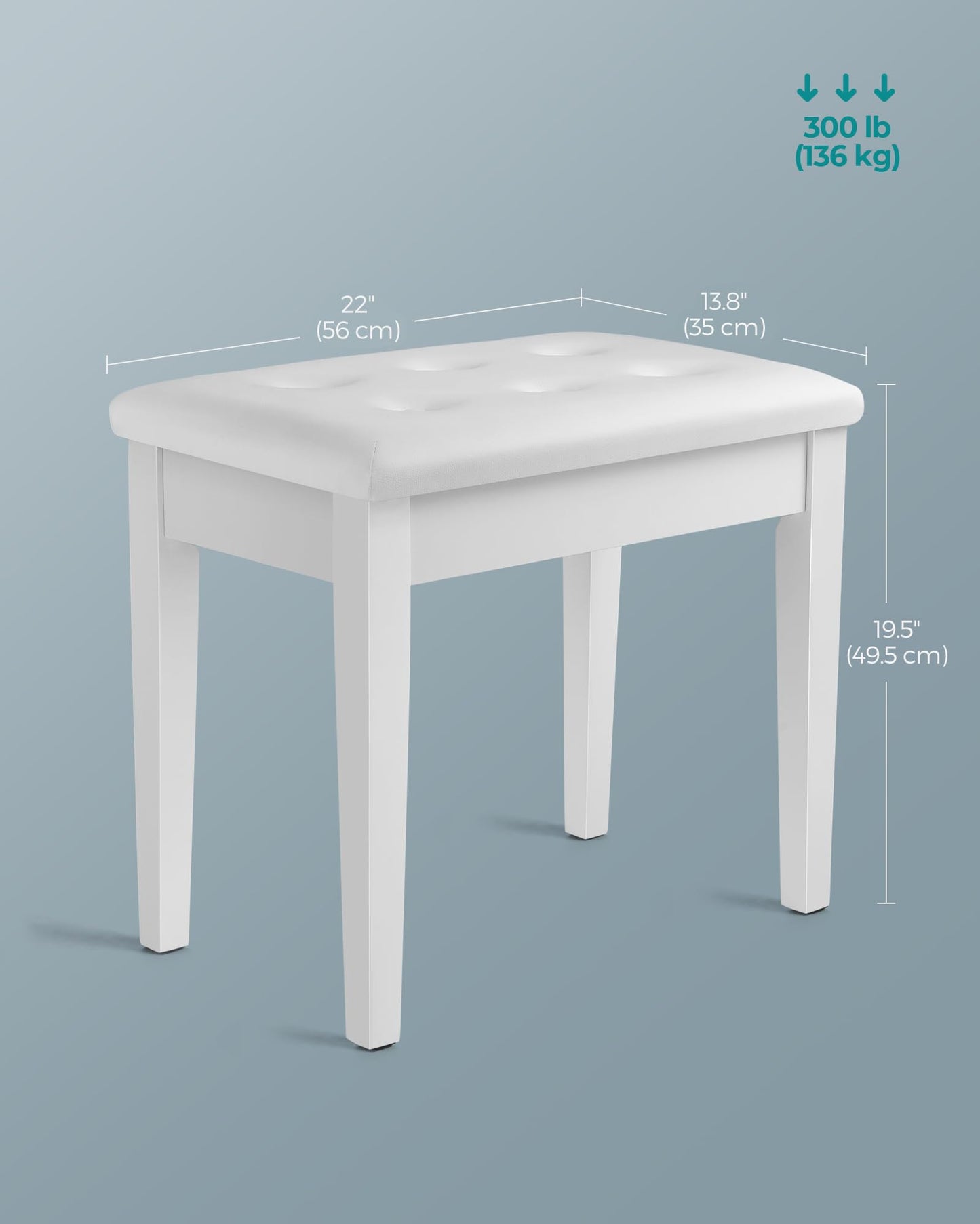 SONGMICS Piano Bench with Padded Cushion and Storage Compartment for Music Books, Vanity Stool, Tufted Wooden Piano Seat, 13.8 x 22 x 19.5 Inches, White ULPB55WT