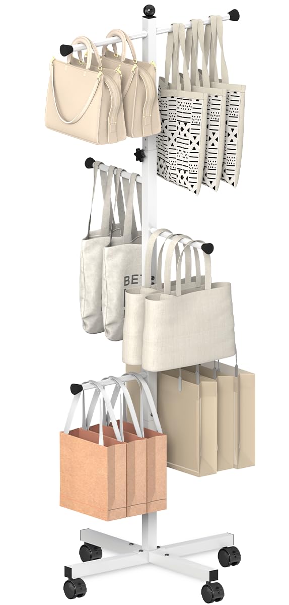 Ansionsol 60-66 Inch Adjustable Shopping Bag Rack with Wheel, Heavy Duty Metal T-shaped Grocery Bag Holder for Retail Stores, Large Bag Display Stand for Malls,Vendor,Boutique,Trade Show, 6 Arms,White