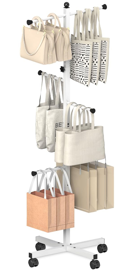 Ansionsol 60-66 Inch Adjustable Shopping Bag Rack with Wheel, Heavy Duty Metal T-shaped Grocery Bag Holder for Retail Stores, Large Bag Display Stand for Malls,Vendor,Boutique,Trade Show, 6 Arms,White