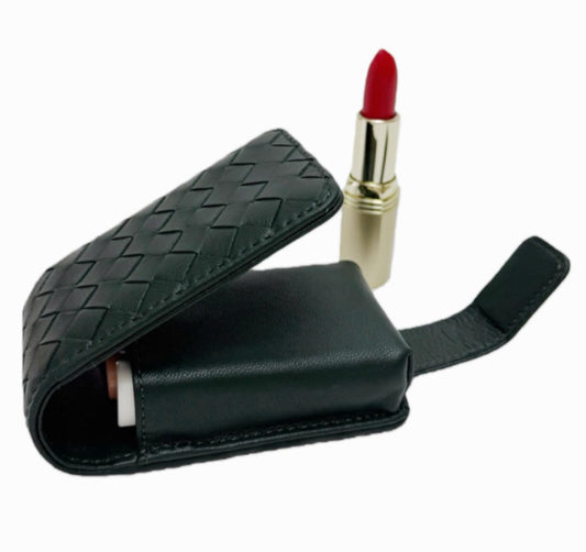 AgentMoon Handheld Lipstick Pouch with Mirror,Genuine Leather Lip Balm Case with Clamshell Magnetic Hidden Clasp and Hook for Chain.Portable Travel Cosmetic Case for Women Gift. (Dark Green Woven)