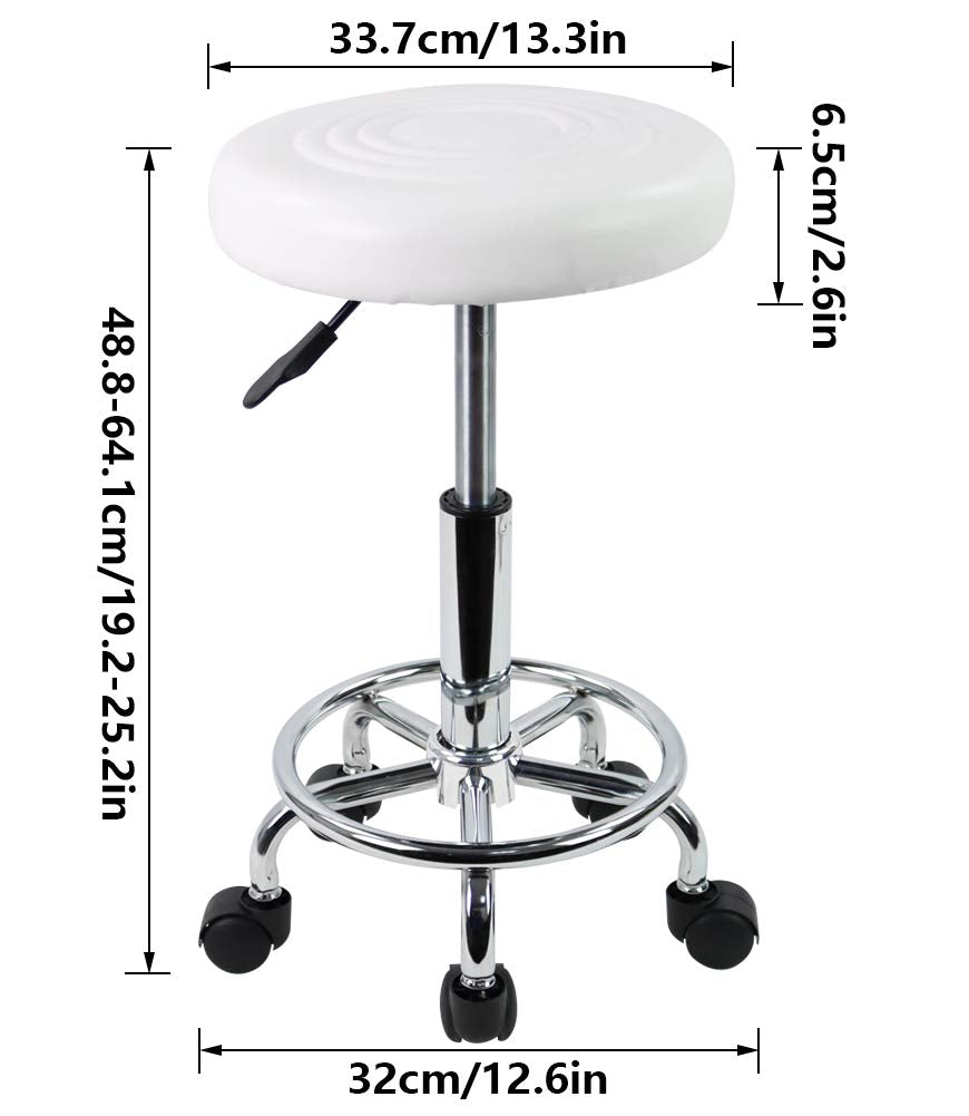 KKTONER PU Leather Modern Round Rolling Stool with Footrest Height Adjustable Spa Drafting Salon Tattoo Work Massage Stools Task Chair Small (White)
