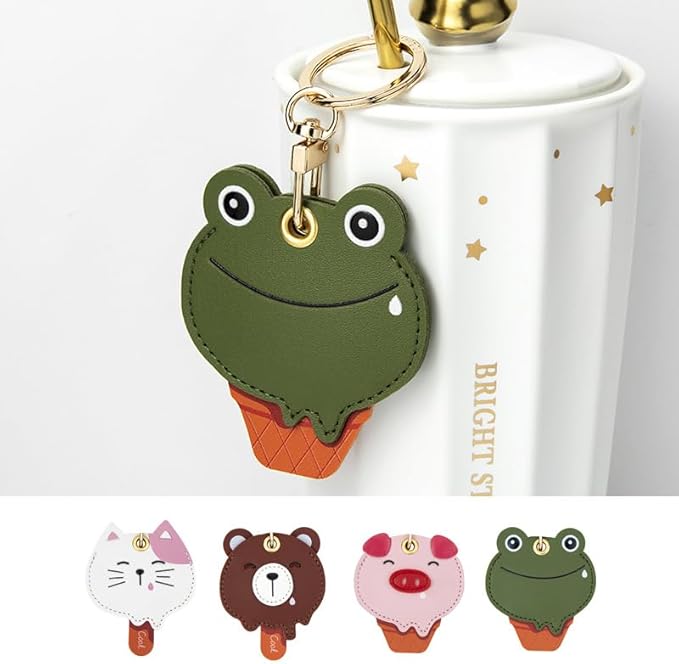 MC Fashion PU Leather Keychain Holder Case Compatible with AirTag, Cute Animal Cone GPS Tracker Case Charm Key Ring (Bear Bar)