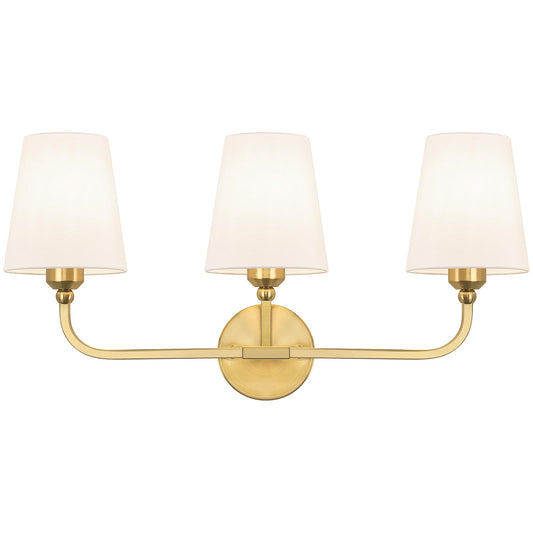 Kvhiiw Bathroom Vanity Light, Brushed Gold Bathroom Light Fixtures, 3-Light Lighting Fixtures Over Mirror, Modern Wall Sconce with Flared White Fabric Shade, E26 Socket(ETL Listed)
