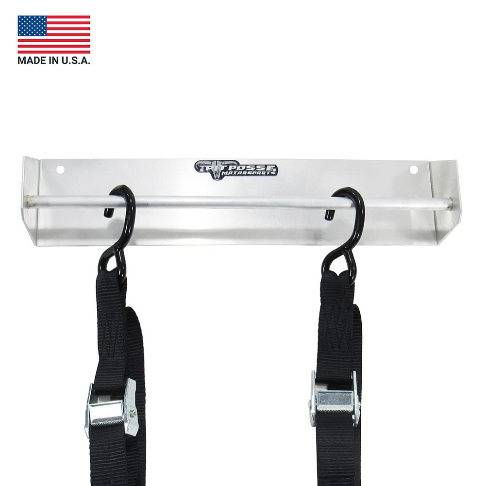 Pit Posse 464 Tie Down Hanger Holder Aluminum Rack - Made in USA - Wall Mounted for Enclosed Race Trailer Garage Shop Storage Organizer- Holds Tie Downs, Ratchet Straps, Bungee Cords (Silver)