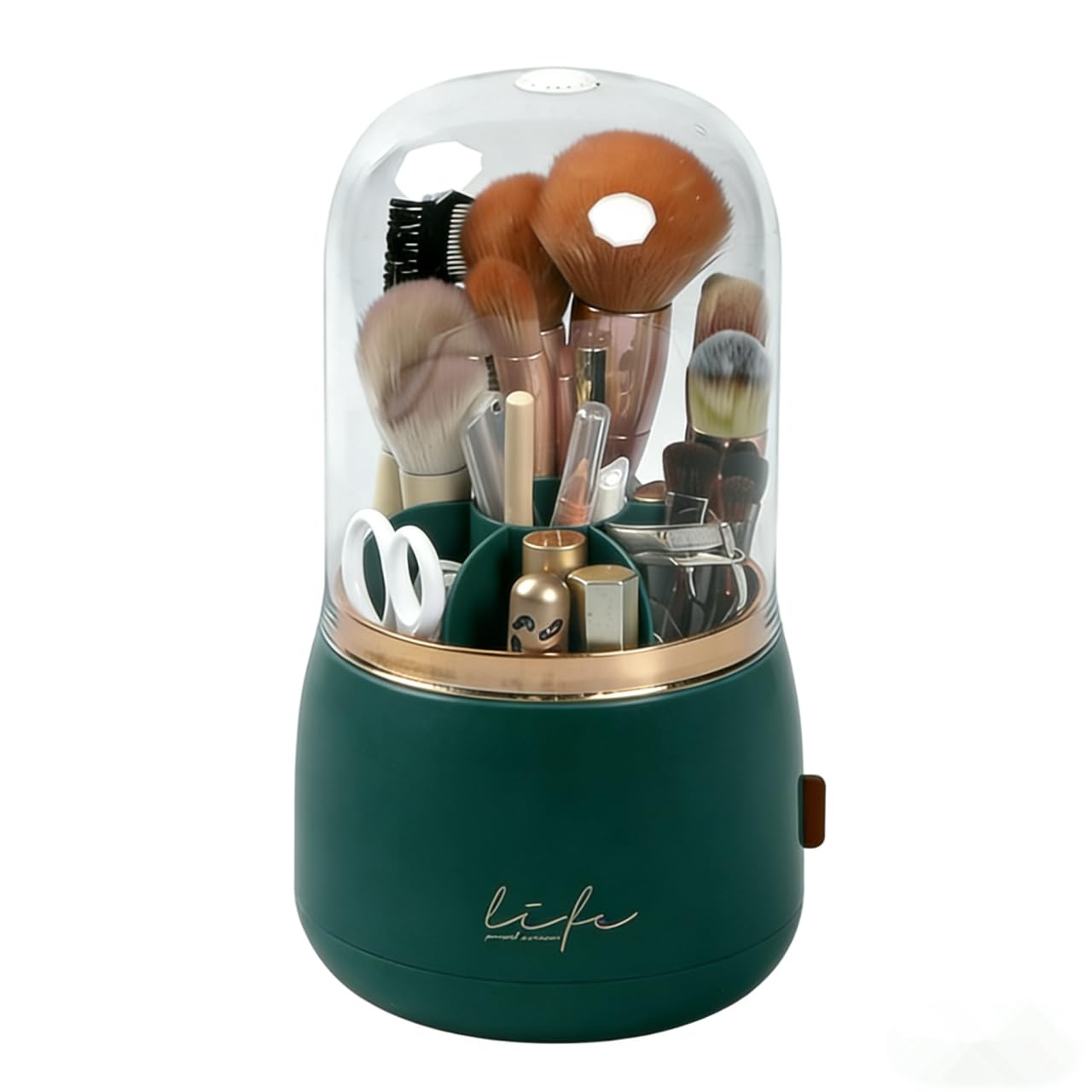 YZEASYPINK 360 Rotating Makeup Brush Holder with Lid,Clear Dustproof Make Up Organizers for Vanity Countertop,Includes a Foldable Bowl for Cleaning Makeup Brush,Transparent, Dustproof-Green