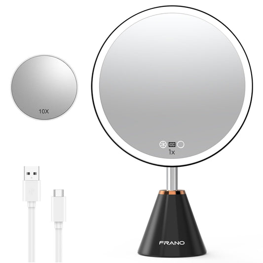 FRANO 10.5" Makeup Mirror with Lights, CRI≥90 True-Sunlight, 3 Colors & Stepless Dimming, Extra 10X Magnifying Spot Mirror, Rechargeable Vanity Light Up Mirror, Gifts for Women