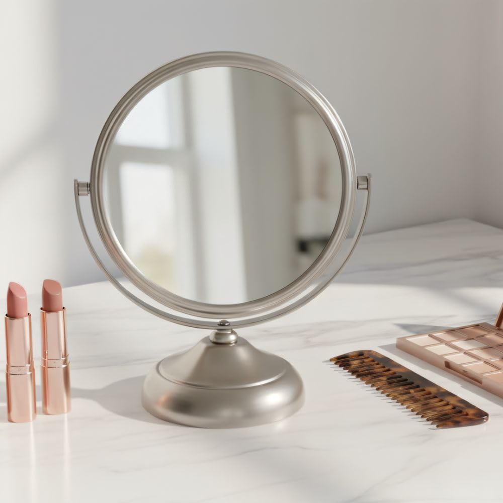Small Tabletop Magnifying Mirror - 5.5” Diameter Mirror with 5X-1X Magnification - Nickel Finish - Model MC247N