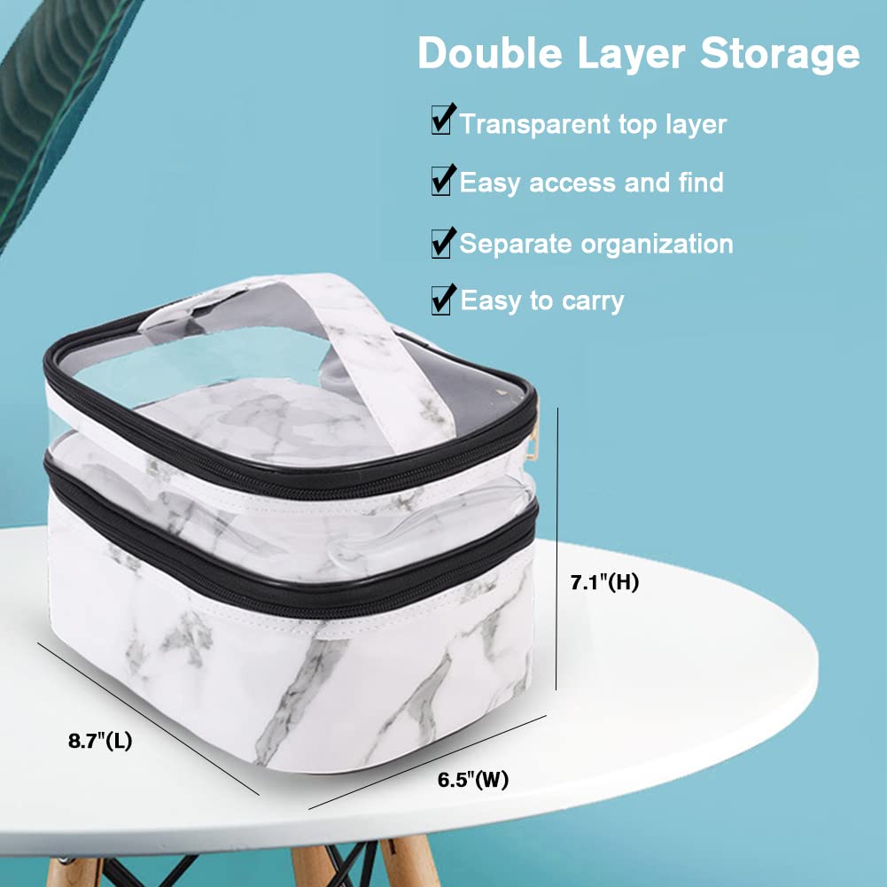 FITINI 3 Pieces Makeup Bags Marble Double Layer Travel Large Cosmetic Cases Organizer Toiletry Bags Waterproof Small Zipper Pouch for Women Makeup Brush Storage Bag,White