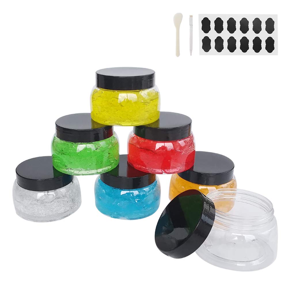 zmybcpack 12 Pack 7.7 OZ Clear Plastic Jars with Lids, A Spatula, A Pen & Labels -Refillable Round Low Profile Containers/Plastic Slime Travel Jars for Lotions, Body/Sugar Scrub, Creams