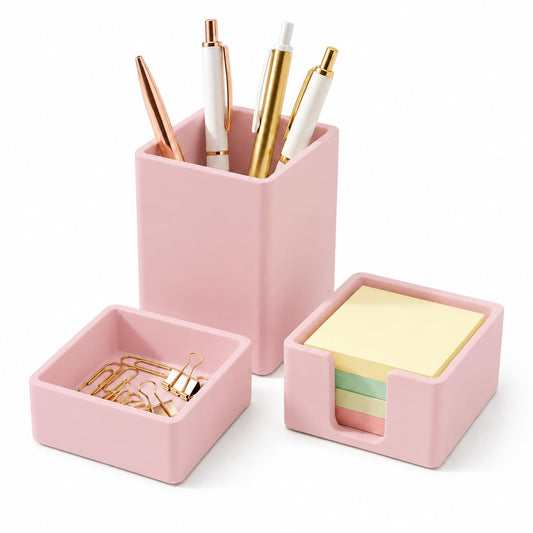 minimaliving Aesthetic Silicone Desk Organizer Set of 3,Modern Office Desk Accessories with Pen Holder,Paperclip Tray,Sticky Note Holder,Stylish Functional Office Desk Decor for Back-to-school(Pink)