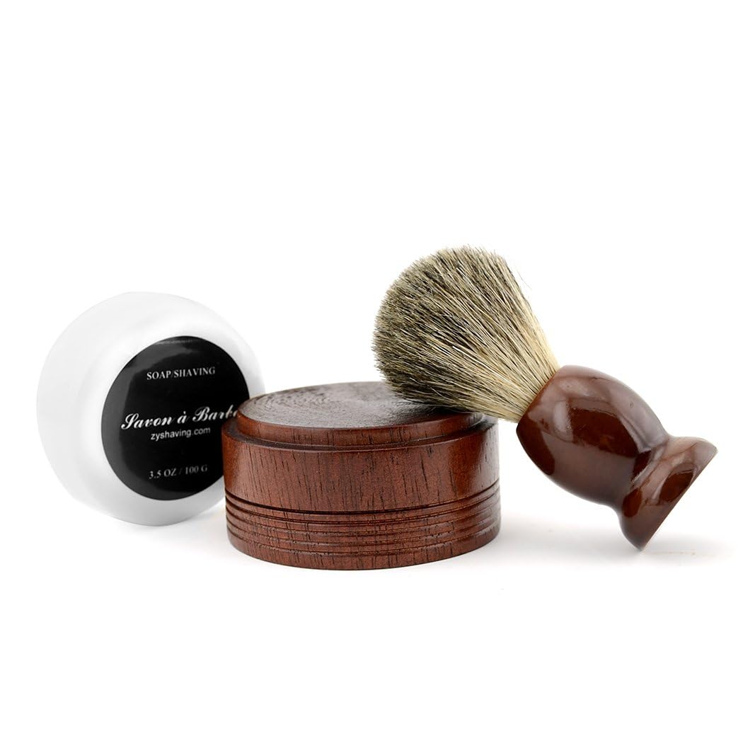 Grandslam Pure Badger Hair Shaving Brush Natural Wood Mug Bowl Hand-Made Soap Barber Set