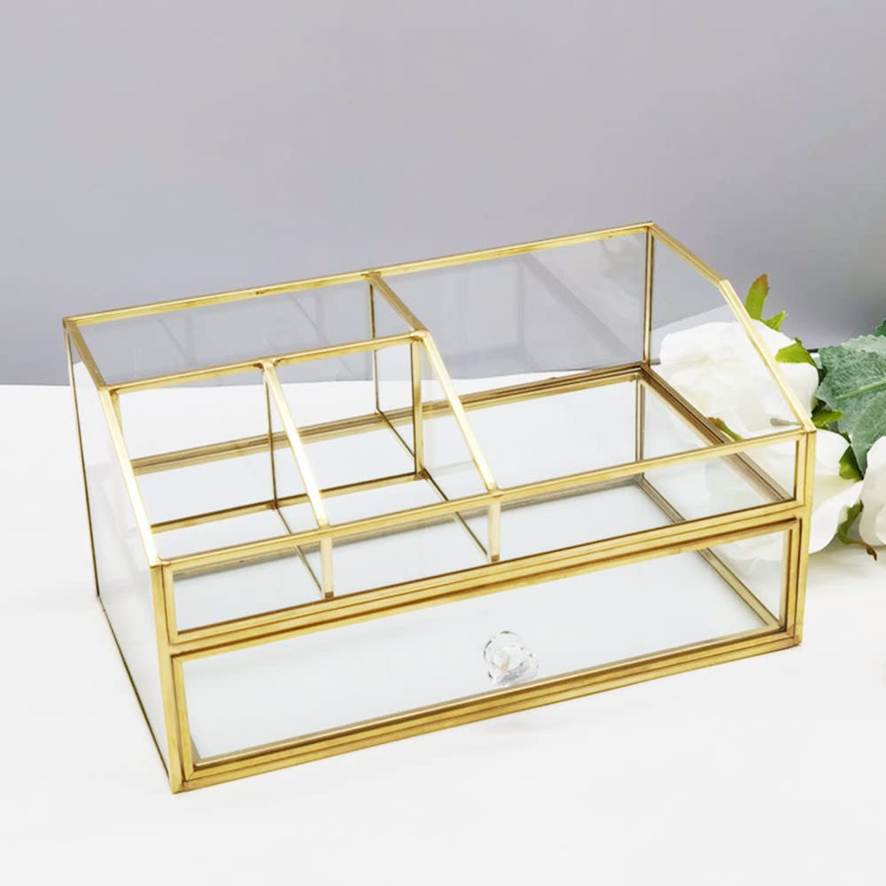 bofeiull Glass Makeup Brush Holder, Makeup Brush Organizer Jewelry Display Box, Nordic Style Elegant Glass Makeup Organizer Nail Polish Lipsticks Eyeliners Holder for Vanity Bathroom Bedroom Office