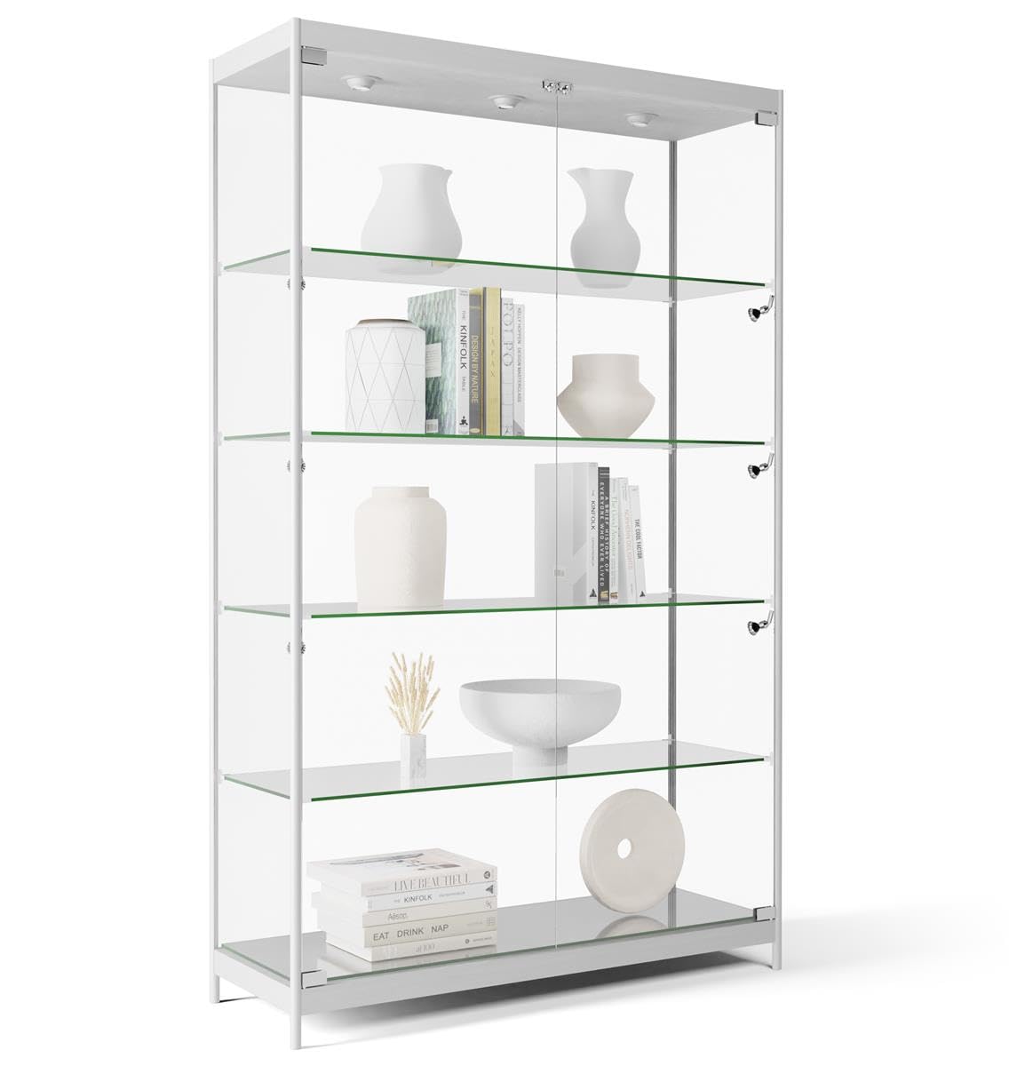Displays2go Tempered Glass Display Cabinet with LED Lights, 48”W x 78”H – Anodized Aluminum & Melamine Shelving – Modern Display Case for Collectibles, Home Décor, and Retail – Silver