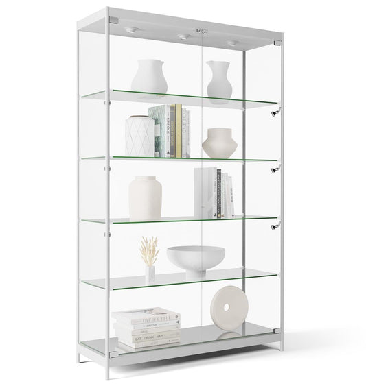 Displays2go Tempered Glass Display Cabinet with LED Lights, 48”W x 78”H – Anodized Aluminum & Melamine Shelving – Modern Display Case for Collectibles, Home Décor, and Retail – Silver