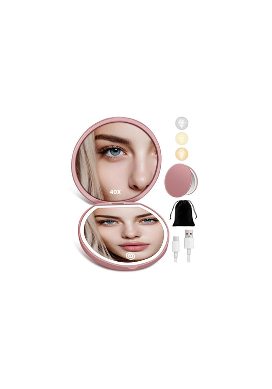 SisKokoro Compact Mirror with Light, Rechargeable 40X Magnifying Mirror with 3 Lighting Modes & Dimmable Brightness, Portable Travel Makeup Mirror; Essentials for Travel, Pocket, Purse Gifts Rose