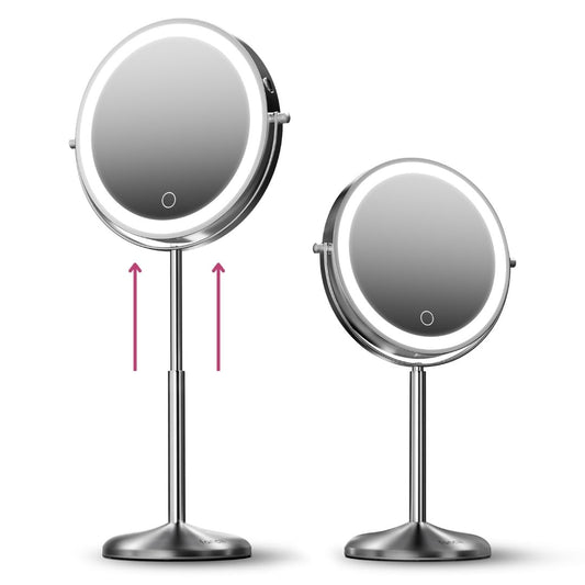Fancii 9-Inch Lighted Makeup Mirror Height Adjustable with 10X /1X Magnification - Rechargeable, Double Sided LED Vanity Mirror with Light and Stand, 360° Swivel