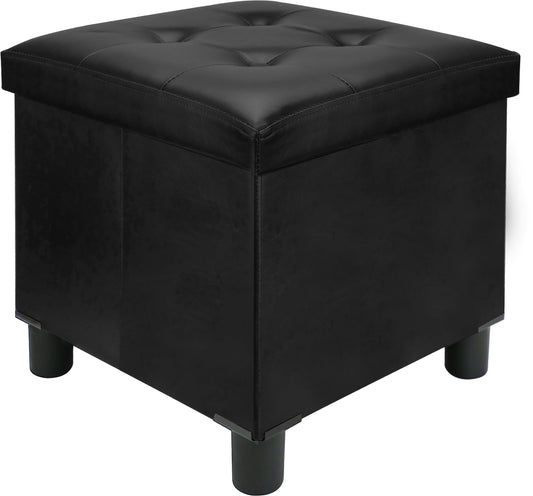 Emosoon 18 Inches Cube Storage Ottoman, Faux Leather Collapsible Square Folding Ottoman Furniture with Storage for Living Room Bedroom, Foot Rest Foot Stool with Legs, Black 18x18x18 Inches