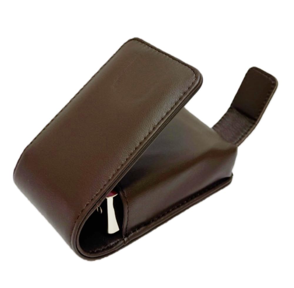 AgentMoon Luxury Handheld Lipstick Pouch with Mirror,Genuine Leather Lip Balm Case with Clamshell Magnetic Hidden Clasp and Hook for Chain.Portable Travel Cosmetic Case for Women Gift. (Dark Coffee)