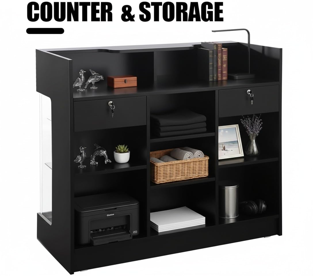 Wisdomfur 4ft Retail Checkout Counter with Glass Display – Black Ledge Top Store Counter with Tempered Glass, Locking Drawers & Storage Shelves, Boutique Display Cabinet for Shops & Boutiques