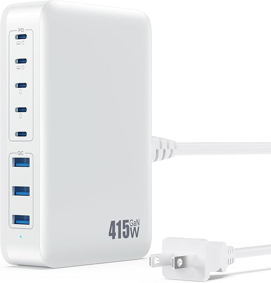 USB C Charger 415W USB C Charger Block, 8-Ports GaN IV Fast Charging Station Hub, Dual PD 100W Laptop Charger Adapter,for MacBook Pro/Air/iPad/iPhone16/15/14/Apple Watch/DELL/Samsung for Home Office