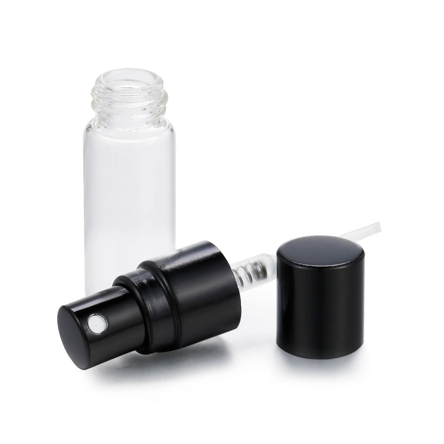 Jxcmeng 20Pcs 3ml Empty Clear Glass Mist Spray Bottle Refillable Mini Perfume Atomizer Travel Sample Bottle with Black Aluminized Nozzle Makeup Container for Perfume (3ml Black Caps)