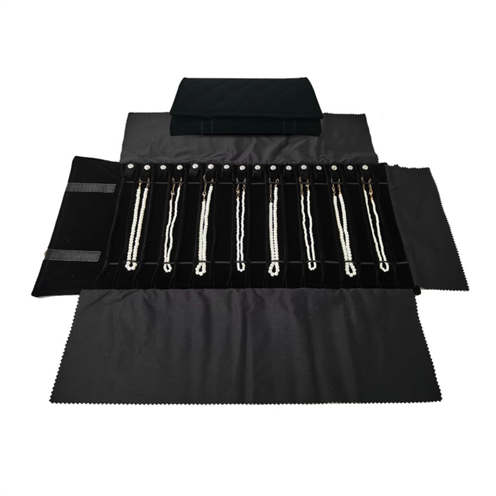 SCIKHEFT Portable Jewelry Roll Untangled Secure Necklace Travel Storage Bag Displays Holder 16 Chain (Black Diamond)