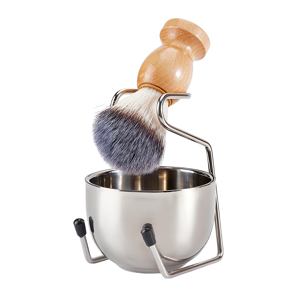 CRAFTYMELODY Shaving Brush Set for Men Platinum 3 In 1 Badger Hair Shaving Brush with Wood Handle Stainless Steel Shaving Bowl and Wet Shave Stand Perfect for Bearded Man Fathers Day Present