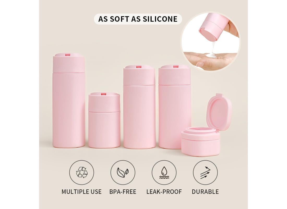 Sprigold 5 Pack Brief and Fashion Travel Bottles TSA Approved, BPA Free Travel Size Travel Containers Refillable Squeeze Bottles for Cosmetic Shampoo Cream Conditioner Lotion Soap… (Nordic pink)