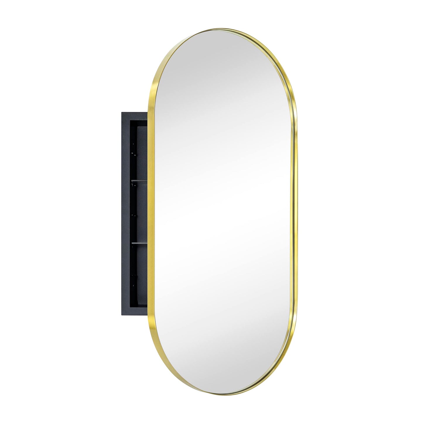 EGHOME Brushed Gold Oval Recessed Bathroom Medicine Cabinet with Mirror Stainless Steel Metal Framed Oblong Pill Shaped Bathroom Cabinet with Mirror 16x33''