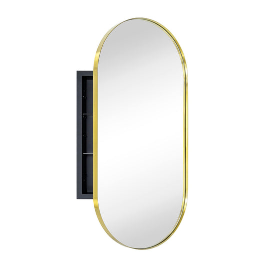EGHOME Brushed Gold Oval Recessed Bathroom Medicine Cabinet with Mirror Stainless Steel Metal Framed Oblong Pill Shaped Bathroom Cabinet with Mirror 16x33''