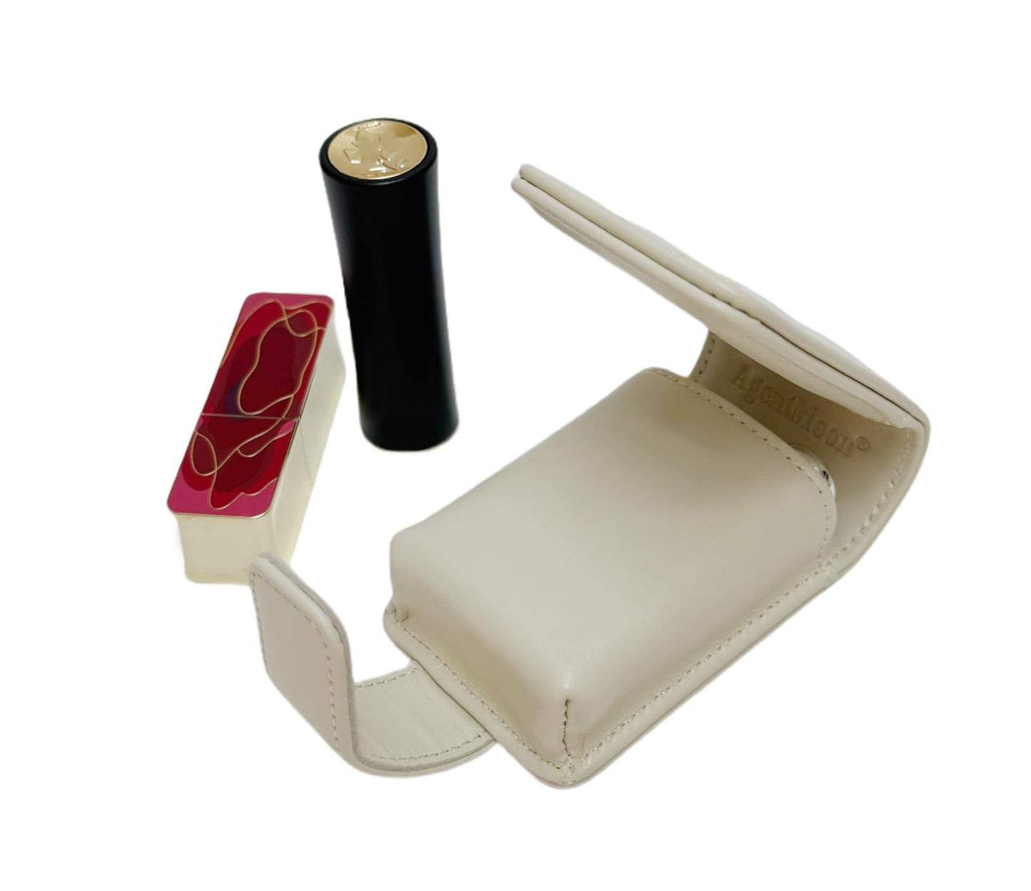 AgentMoon Handheld Lipstick Pouch with Mirror,Genuine Leather Lip Balm Case with Clamshell Magnetic Hidden Clasp.Portable Travel Cosmetic Case for Women Gift. 4.1x2.3x1.8 Inches, White Rhombus