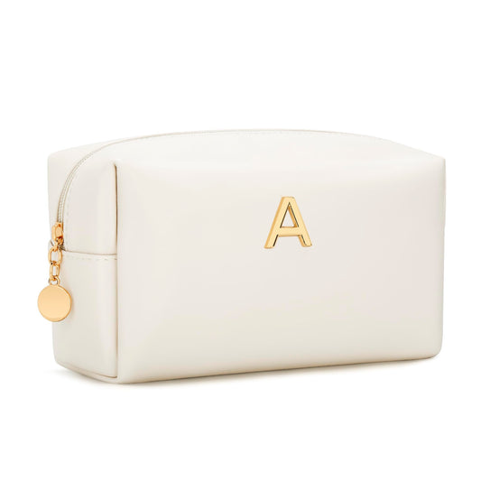 CLOUDWINGS Gifts for Women Bridesmaid Gifts Personalized Initial Makeup Bag PU Leather Cosmetic Waterproof Travel Toiletry Bag (Beige A)