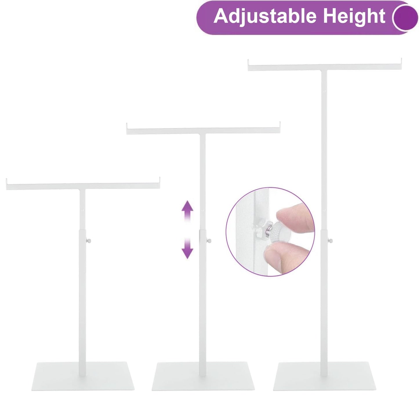 Vietrey Purse Display Stand T Shaped, Countertop Jewelry/Scarf/Handbag T-Bar Display Stand, Tabletop Double Hook Hanging Stands for Long Necklaces, Metal with Adjustable Height - White