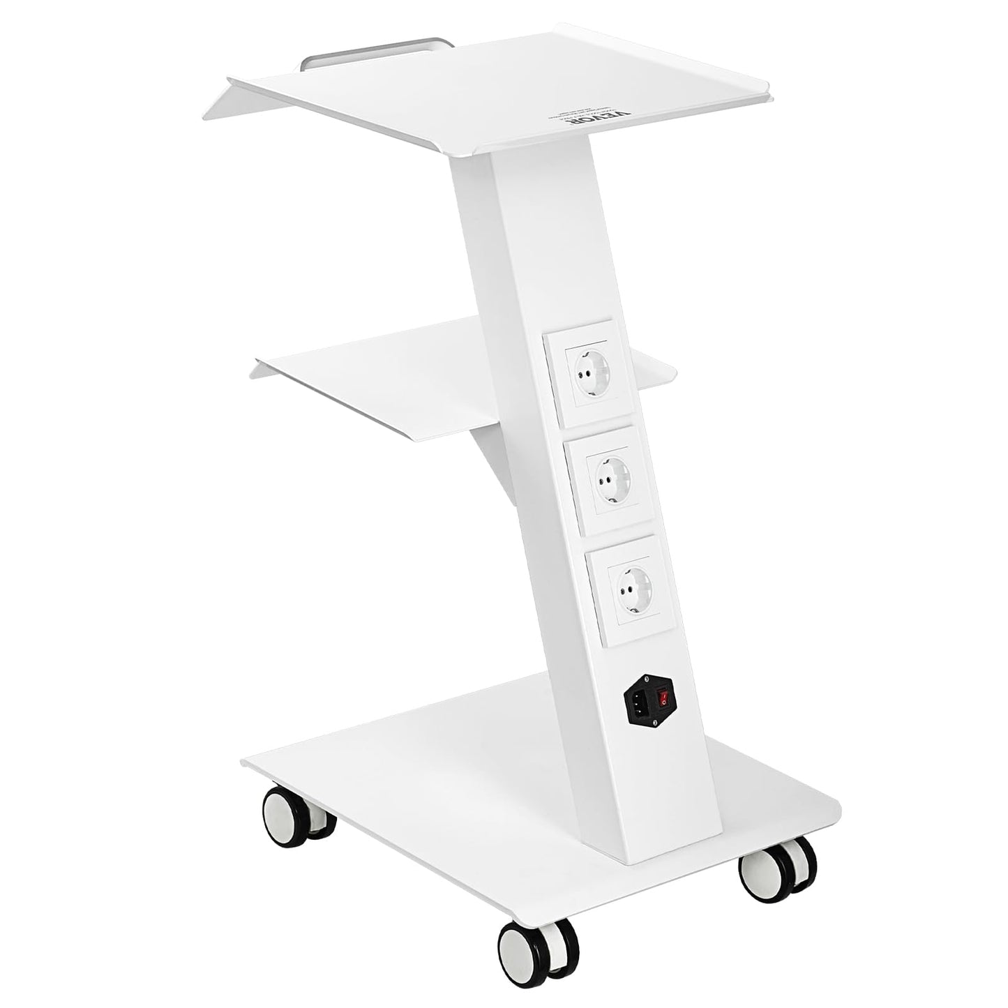 VEVOR Rolling Esthetician Cart with 3 Built-in Sockets, 3-Tier Metal Medical Trolley on Swivel Wheels, Mobile Ultrasonic Tray Cart, for Lab, Clinic, Beauty and Dental, 220 lbs Weight Capacity