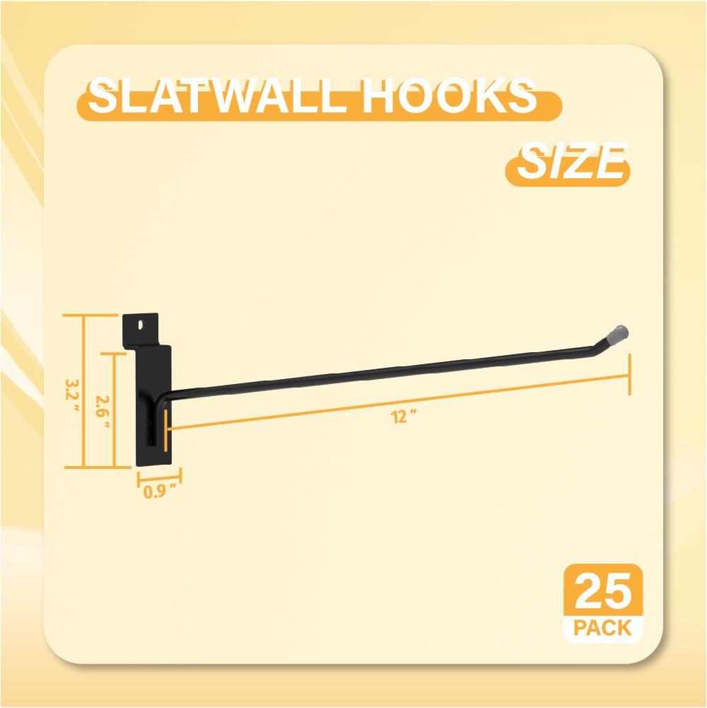 BFPeaky 12 Inch Black Slatwall Hooks, 25PC