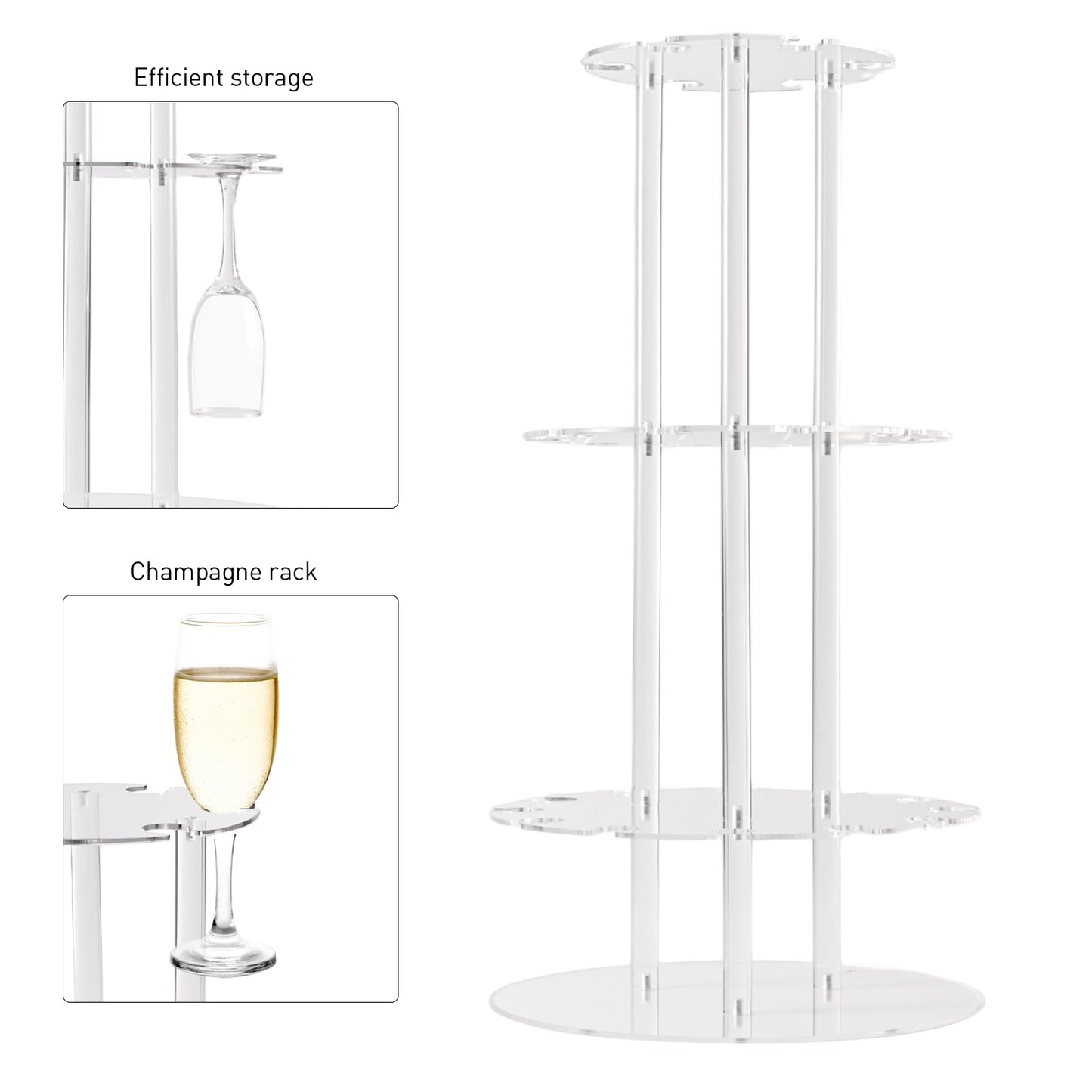 Laumffon Champagne Tower, Circle Acrylic Champagne Display Rack Stand with 28 Slots, 3 Tier Floating Sight Champagne Flute Holder for Party, Wedding, 13.4x13.4x25.5 inch, 2Pcs