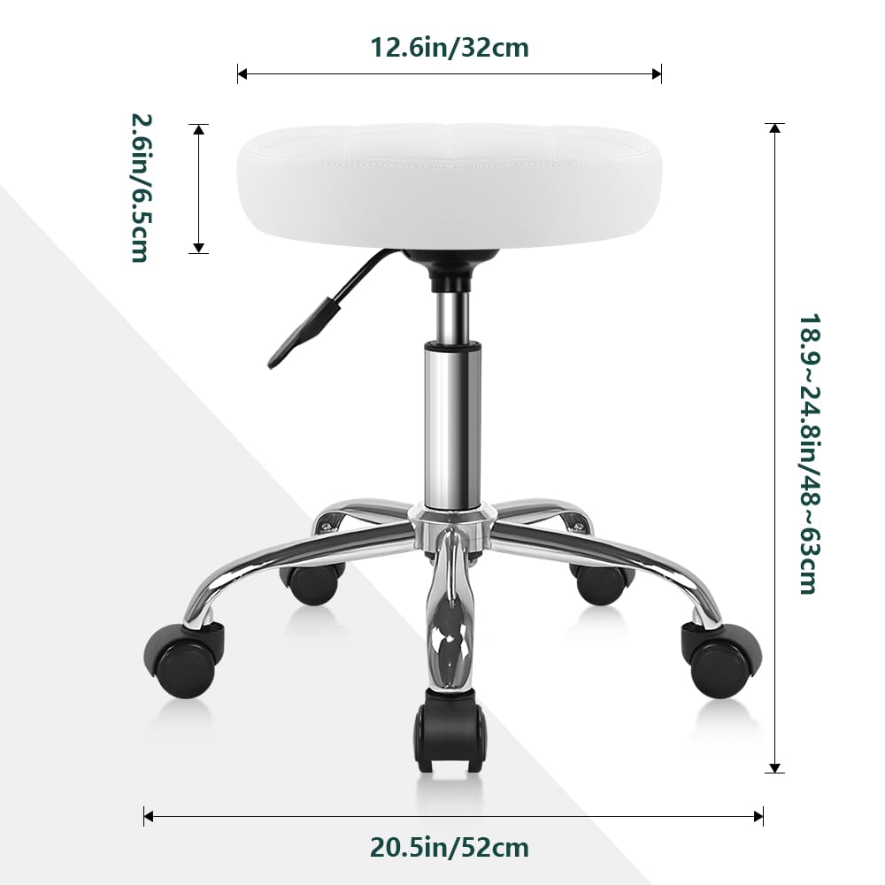 BFTOU White Classic Swivel Stool with Wheel for Salon Work Home SPA Shop Height-Adjustable Rolling Stool Chair Small