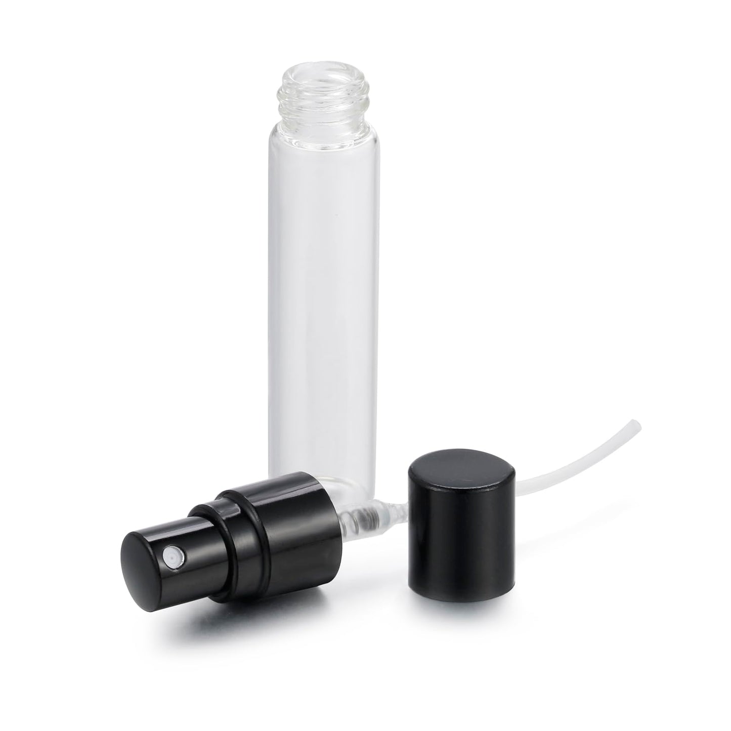 Jxcmeng 20Pcs 5ml Empty Clear Glass Mist Spray Bottle Refillable Mini Perfume Atomizer Travel Sample Bottle with Black Aluminized Nozzle Makeup Container for Perfume (5ml Black Caps)