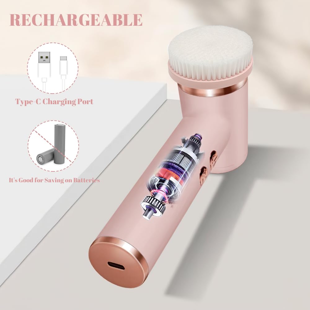 Dexmary Facial Cleansing Brush, 5 Speeds Adjustable Facial Brush, Waterproof & Rechargeable Face Scrubber Exfoliator with 4 Brush Heads for Women, Pink