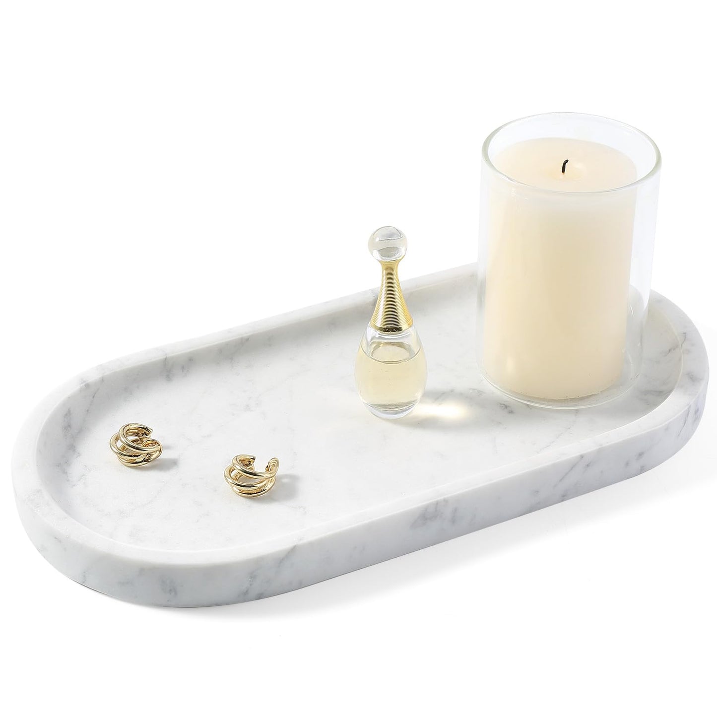 Koville Natural White Marble Tray for Home Decor, 10" x 5" Marble Vanity Tray for Bathroom Countertop Organizer Stone Trays, Catchall Tray for Perfume, Candles, Jewelry (Bianco Carrara)