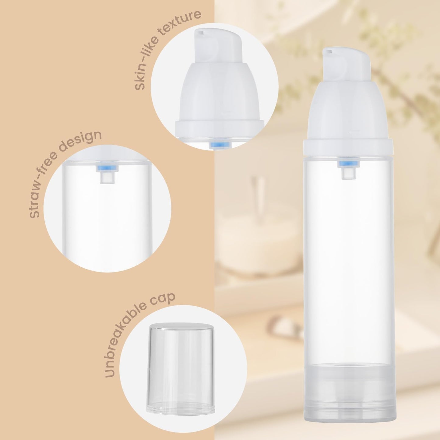 Lulupack Travel Pump Bottle for Lotion - Airless Pump Container 1.7oz Empty for Cosmetic Oil - Small Dispenser Refillable for Travel Size Shampoo - Mini Jar for Toiletry Foundation Makeup 30ml 6pcs