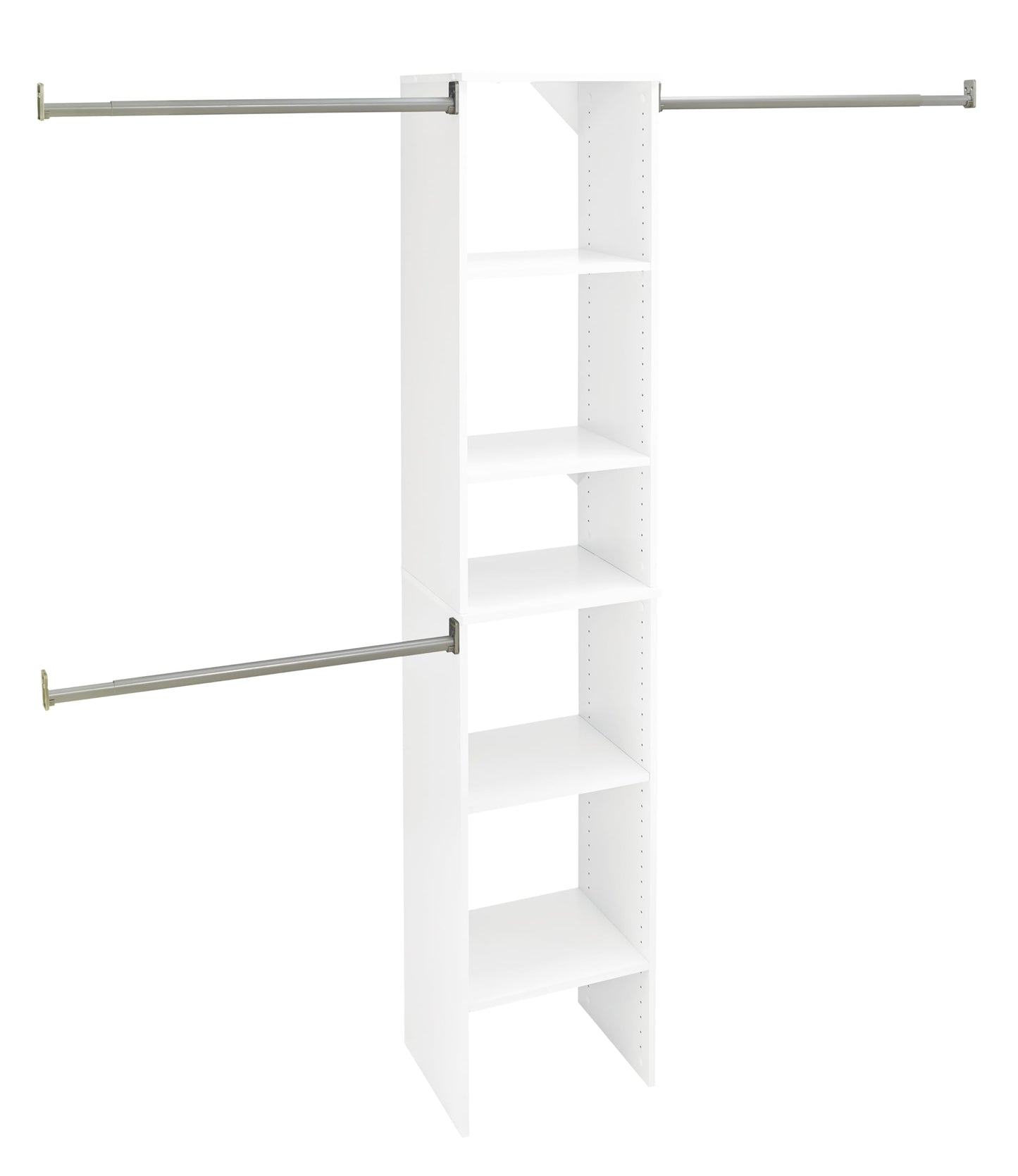 ClosetMaid SuiteSymphony Small Closet Organizer Starter Kit with Tower and 3 Hang Rods, Shelves, Adjustable, Customizable Wardrobe Organizer System, Reach-In or Walk-In Closets, Pure White